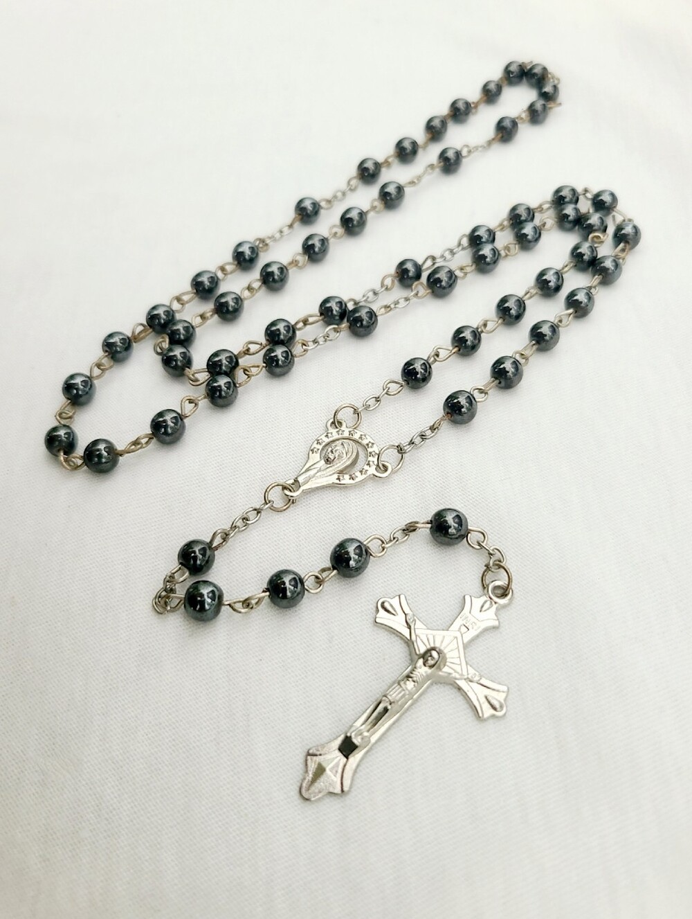 Silver and Black Rosary Necklace, Hematite Beads
